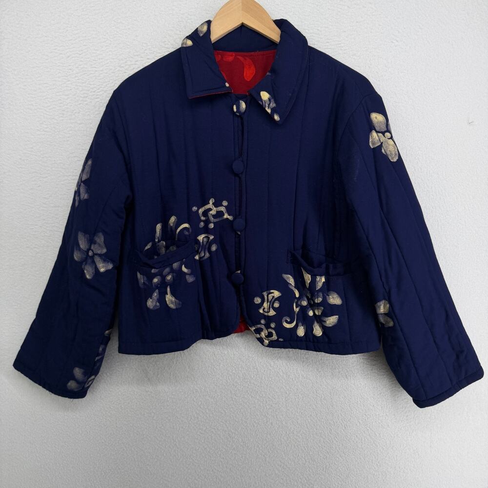 Jacket Womens M Quilted Short Boxy Reversible Button Front Floral Blue
